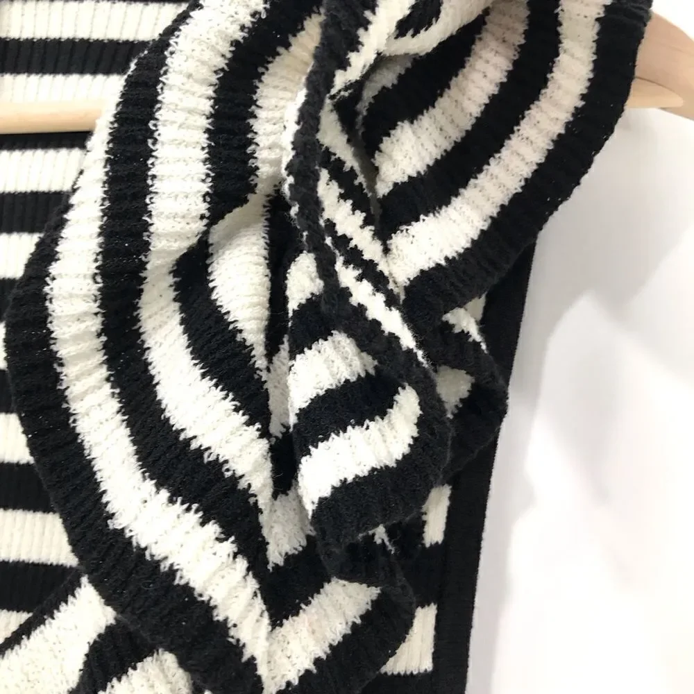 Trina Turk Black White Striped Quill Sleeveless Ruffle Neck Knit Top